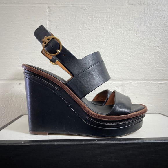Tory Burch Shoes - Tory Burch Selby Black Leather Wedge Sandals Ankle Strap Women's US 5.5 M